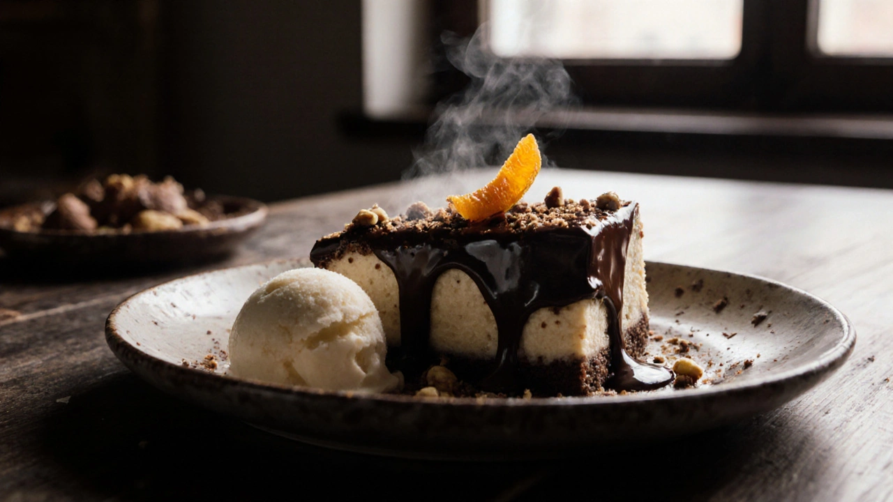 Čokoládová poleva na dortu s kávovou náplní a lžíčkou zmrzliny.