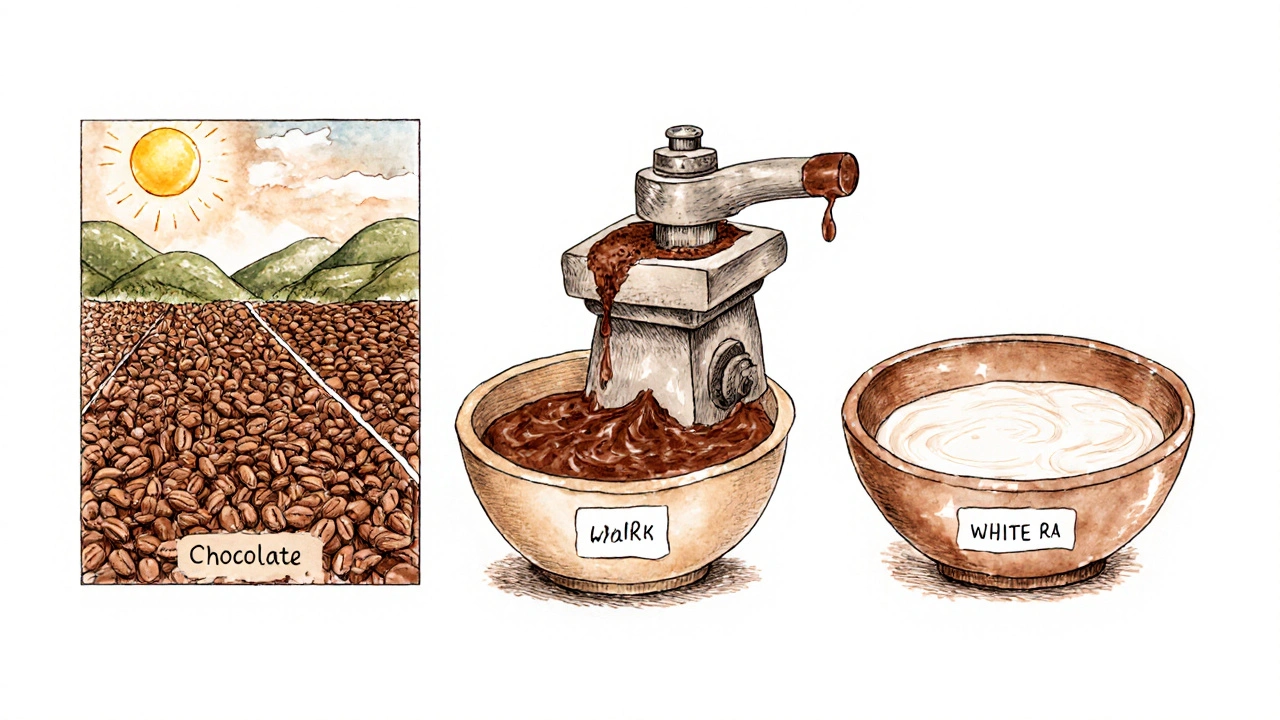 Ilustrace výroby čokolády od kakaových bobů po tři typy roztavené čokolády.