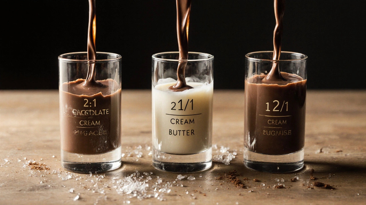 Tři skleněné válce s čokoládou, smetanou a máslom v poměru 2:1:1.