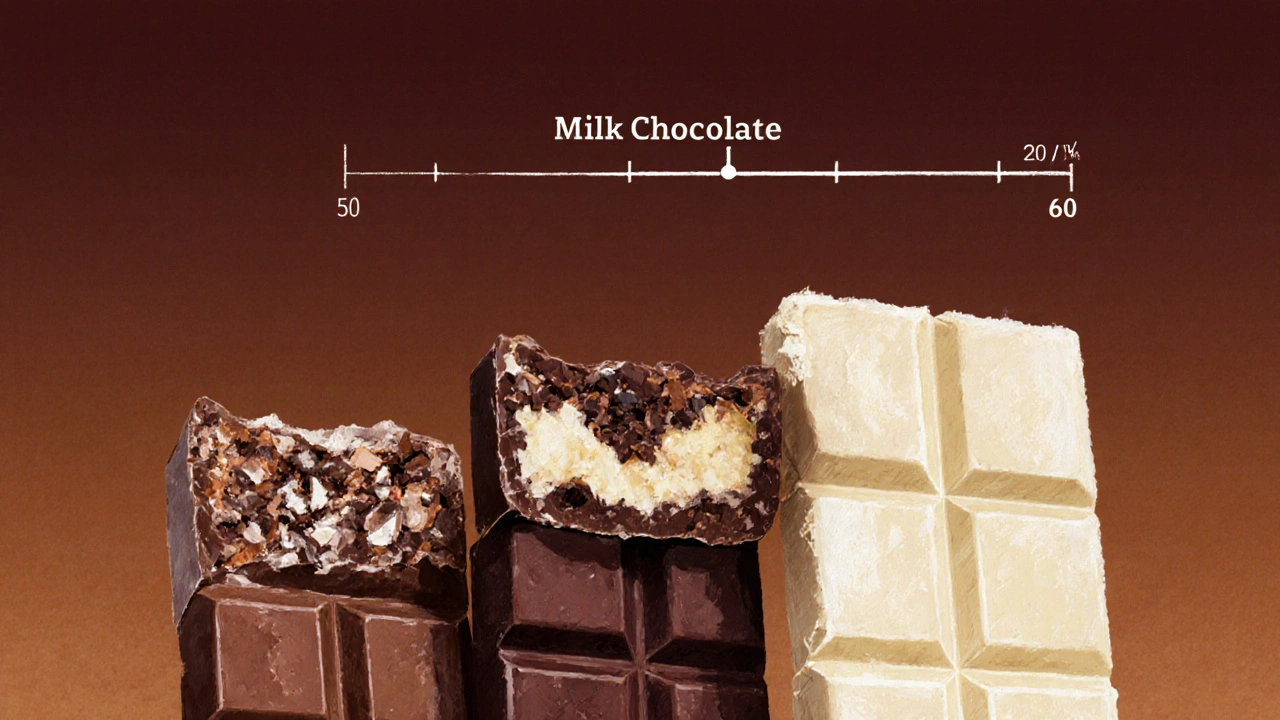 Tři druhy čokolády vedle sebe, rozřezané, s viditelnými složkami a hodnotami kalorií.